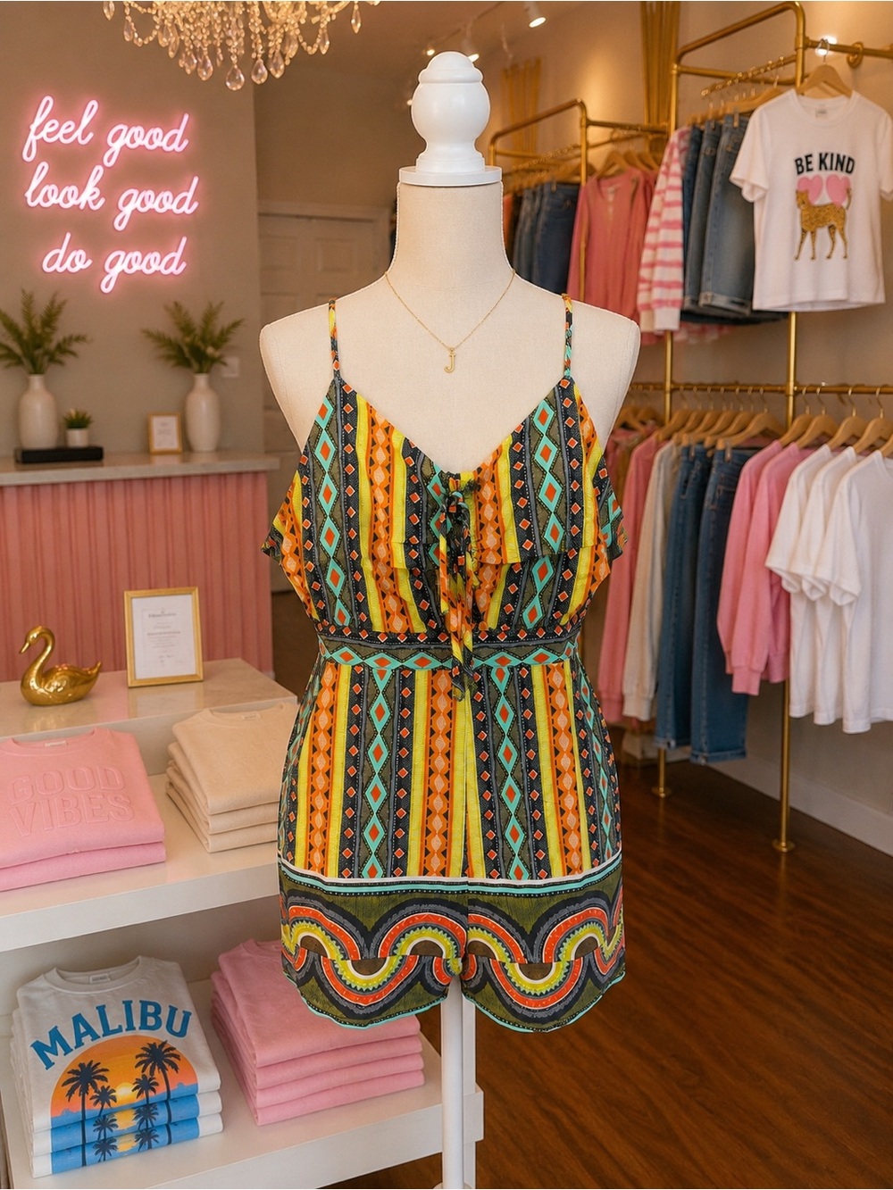 Promesa Multicolor Striped Tribal Romper with Teal and Mustard